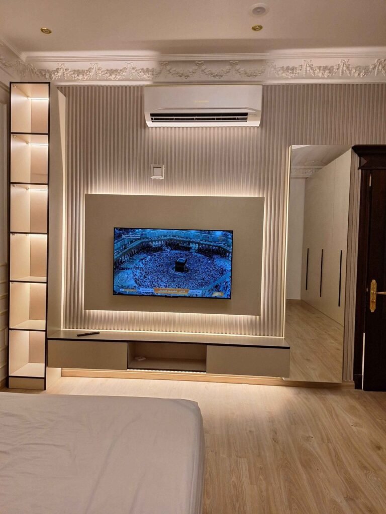 Gypsum Carpentry Fluted Wall Panel Tv Console Unit in Qatar - Rahman Maintenance Qatar