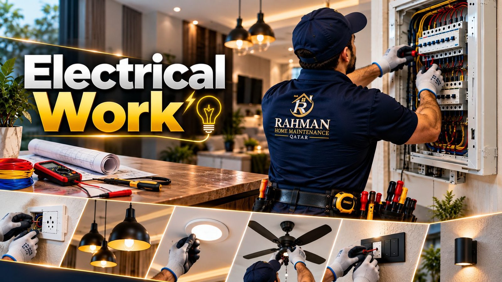 Electrician from Rahman Home Maintenance Qatar at work in a property in Doha