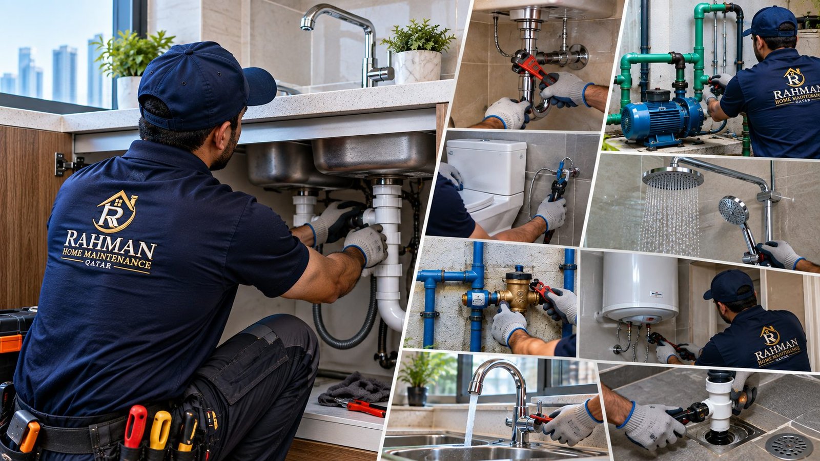 Rahman Home Maintenance plumber repairing pipework under a kitchen sink in Doha, Qatar